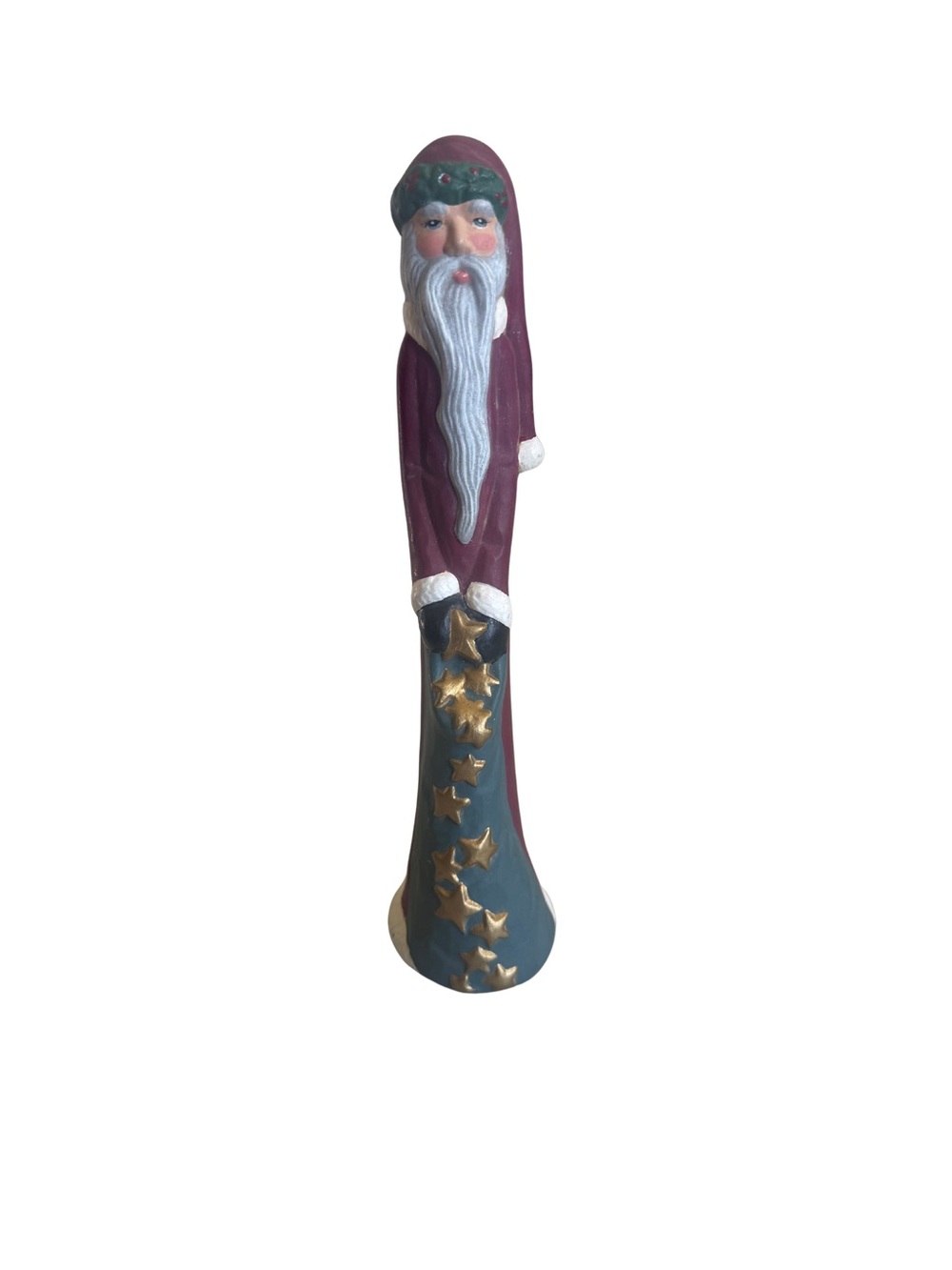 Vintage Pencil Santa Figurine 11.5" Burgundy Robe Gold Stars Resin Tall Skinny